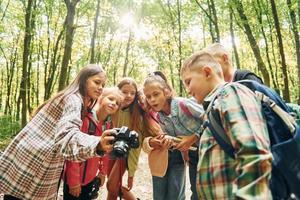 Tenere telecamera. bambini nel verde foresta a estate giorno insieme foto