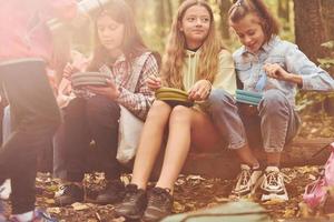 seduta e avendo un' riposo. bambini nel verde foresta a estate giorno insieme foto