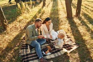 avendo picnic. contento famiglia di padre, madre e poco figlia è nel il foresta foto