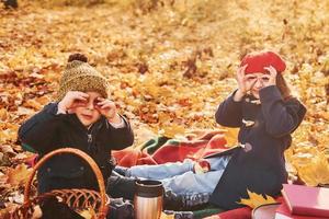 poco ragazzo con il suo sorella è seduta su il terra nel il autunno parco foto