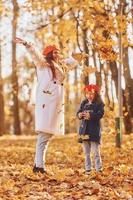 fine settimana attività. madre con sua poco figlia è avendo camminare nel il autunno parco foto