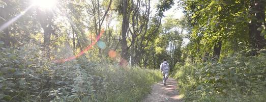 un' giovane tipo nel un' grigio gli sport completo da uomo corre lungo il sentiero tra il foto