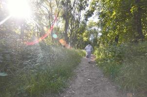 un' giovane tipo nel un' grigio gli sport completo da uomo corre lungo il sentiero tra il foto