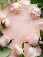superiore Visualizza di rosa Rose su rosa tulle sfondo. foto