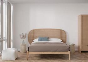 vuoto bianca parete nel moderno Camera da letto. finto su interno nel scandinavo, boho stile. gratuito, copia spazio per il tuo immagine, testo, o un altro design. letto, pampa erba. 3d resa. foto