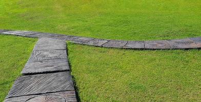 Basso Visualizza di Nero, grigio o grigio piastrella sentiero modo su verde erba campo con copia spazio. esterno design a giardino parco. foto