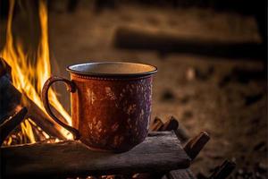 un' cottura a vapore tazza di caffè, annidato nel il natura selvaggia di Norvegia. il d'oro leggero di il fuoco di bivacco si illumina il tazza, dando esso un' caldo e invitante aspetto esteriore. foto