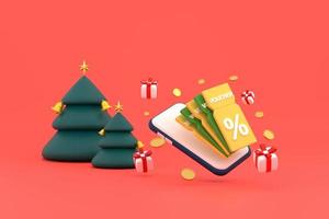 smartphone su sconto buono con percentuale cartello con monete e regalo scatola, Natale albero. foto