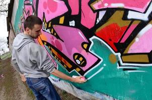 un' giovane tipo nel un' grigio felpa con cappuccio vernici graffiti nel rosa e verde c foto