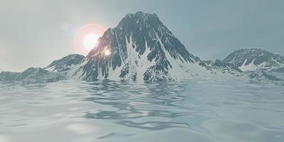 montagna e mare sfondo acqua superficie e montagna picco neve capped montagna picchi 3d illustrazione foto