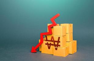 scatole con Sud coreano ha vinto simbolo e giù freccia. il autunno nel il produzione di merce. peggioramento commercio. diminuire nel riserve di prodotti. Basso consumo. economico rallentare. prezzo riduzione foto