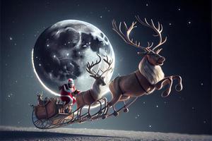 Santa Claus equitazione un' cervo nel un' slitta, cartone animato 3d allegro Natale foto