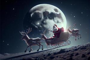 Santa Claus equitazione un' cervo nel un' slitta, cartone animato 3d allegro Natale foto