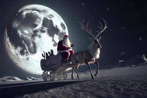 Santa Claus equitazione un' cervo nel un' slitta, cartone animato 3d allegro Natale foto