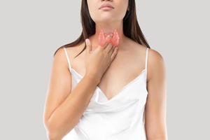 donne tiroide ghiandola controllo. dolorante gola di un' persone su grigio sfondo foto