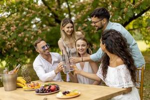 gruppo di contento giovane persone applauso con fresco limonata e mangiare frutta nel il giardino foto