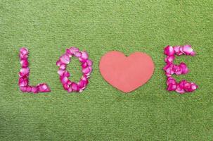 superiore Visualizza rosa petali nel un' riga di amore con finto su rosso cuore. San Valentino giorno concetto foto