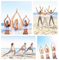 un' collage di immagini con ragazze praticando yoga foto