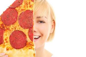 Pizza fetta e donna foto