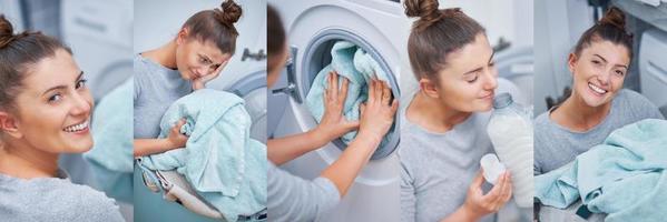 bellissimo Immagine collage di giovane donna con lavanderia foto