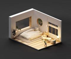 isometrico Visualizza letto camera muji stile Aperto dentro interno architettura, 3d interpretazione digitale arte. foto