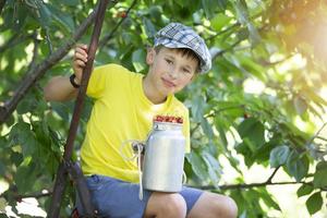 un' villaggio bambino scelte ciliegie. collezione di frutti di bosco. allegro positivo ragazzo con un' può pieno di ciliegie godendo primavera famiglia attività raccolta frutti di bosco a partire dal un' albero durante raccogliere stagione su un' azienda agricola. foto