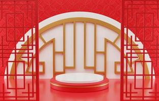 3d interpretazione illustrazione Cinese nuovo anno finto su cilindro podi, Cinese feste, vuoto piedistallo modello per Prodotto Schermo decorato, geometrico sfondo, cosmetici In piedi concetto, astratto foto