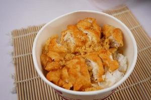 asiatico cibo un' ciotola di riso con delizioso carne croccante e salato foto