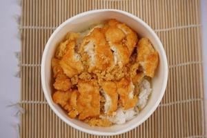 asiatico cibo un' ciotola di riso con delizioso carne croccante e salato foto