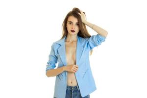 bellissima attività commerciale donna nel blu giacca senza biancheria intima foto