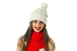 brunetta ragazza nel caldo maglione e rosso sciarpa foto