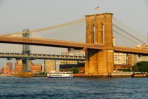 brooklyn ponte contro il nuovo York orizzonte a tramonto foto