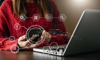 api applicazione programmazione interfaccia, donna utilizzando computer portatile, tavoletta e smartphone con virtuale schermo api icona Software sviluppo attrezzo, moderno tecnologia foto