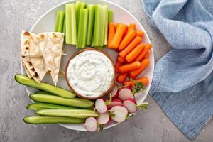 grande merenda tavola con tzatziki tuffo o salsa e fresco verdure foto