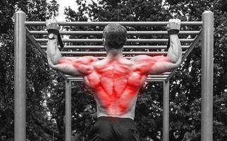 indietro specializzazione nel bodybuilding. uomo fare pull-up su un' orizzontale bar foto