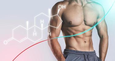 muscolare maschio torso e testosterone formula. concetto di ormone crescente metodi. foto