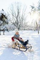 bambino piccolo ragazzo seduta su il slitta nel un' nevoso città parco durante soleggiato inverno giorno foto