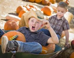 Due ragazzi avendo divertimento a il zucca toppa su un' autunno giorno. foto