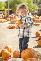 poco ragazzo Tenere il suo zucca a un' zucca toppa foto