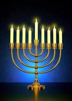 contento hanukkah - d'oro realistico menorah, candela In piedi candelabro con illuminato candele - 3d illustrazione rendere foto