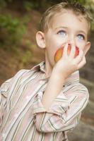 adorabile bambino ragazzo mangiare rosso Mela al di fuori foto