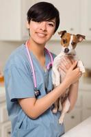 sorridente attraente misto gara veterinario medico o infermiera con cucciolo foto