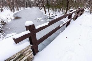 rustico ponte al di sopra di congelato fiume nel inverno. foto