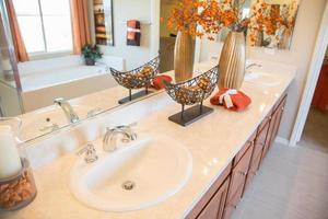 meravigliosamente decorato nuovo moderno casa bagno lavello, rubinetto e contatore. foto