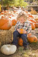 poco ragazzo seduta e Tenere il suo zucca a zucca toppa foto