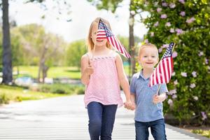 giovane sorella e fratello agitando americano bandiere a il parco foto