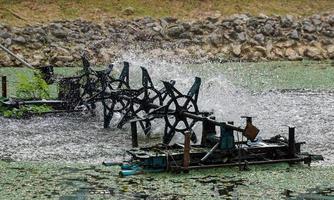 un' acqua turbina mentre Filatura Aggiunge aria per trattare il rifiuto acqua nel il piscina. morbido e selettivo messa a fuoco. foto