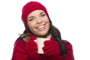 misto gara donna indossare inverno cappello e guanti detiene boccale foto