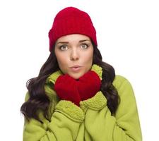 freddo misto gara donna indossare inverno cappello e guanti foto