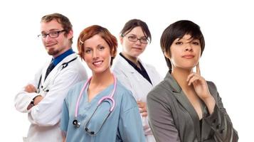 giovane misto gara donna con medici e infermieri dietro a foto